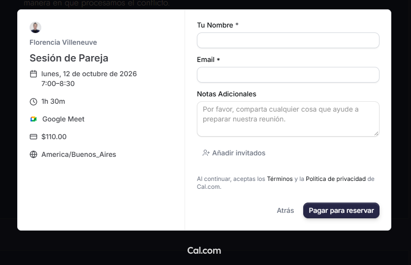 Formulario de reserva de Cal.com con el botón Pagar para reservar
