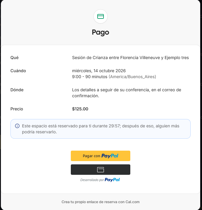 Pantalla de pago mostrando las opciones de PayPal y botón de pago con tarjeta