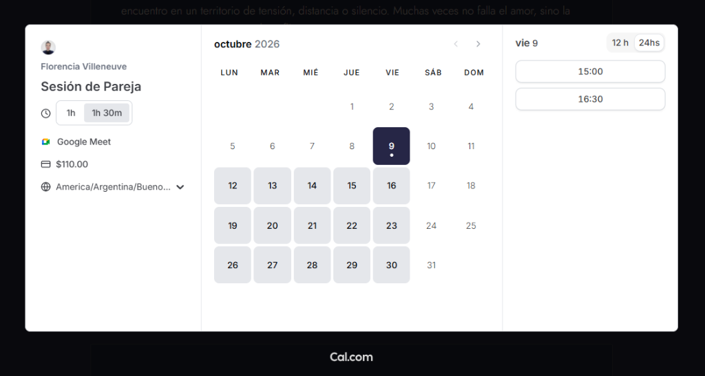 Pantalla de selección de fecha y horario en el calendario de Cal.com